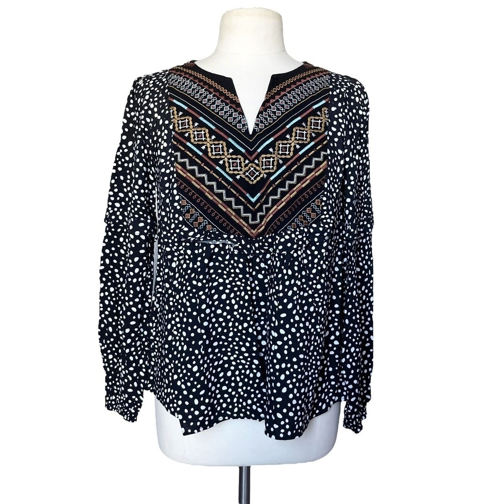Savanna Jane Floral Embroidery Polka Dot Top Size S Black Long Sleeve